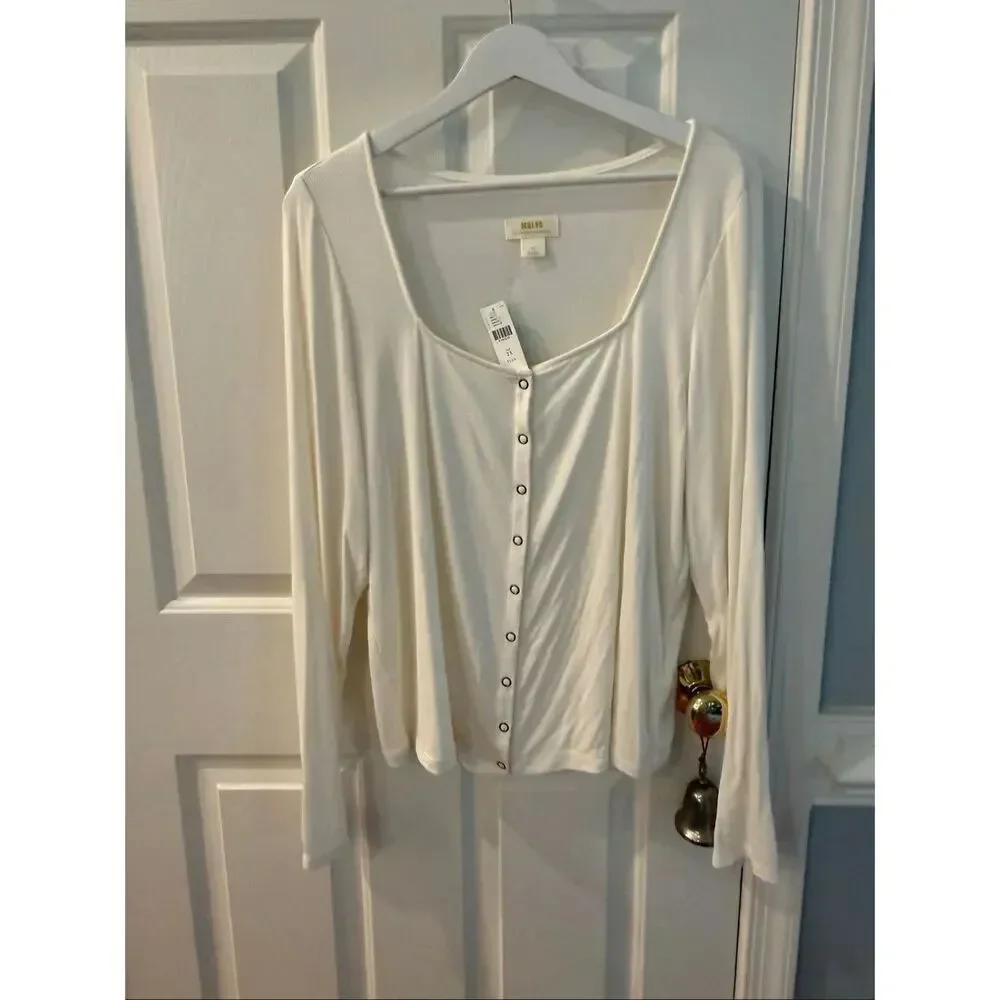 Maeve Anthropologie Cream Scoop Neck Ribbed Snap Front Top sz 2X NWT